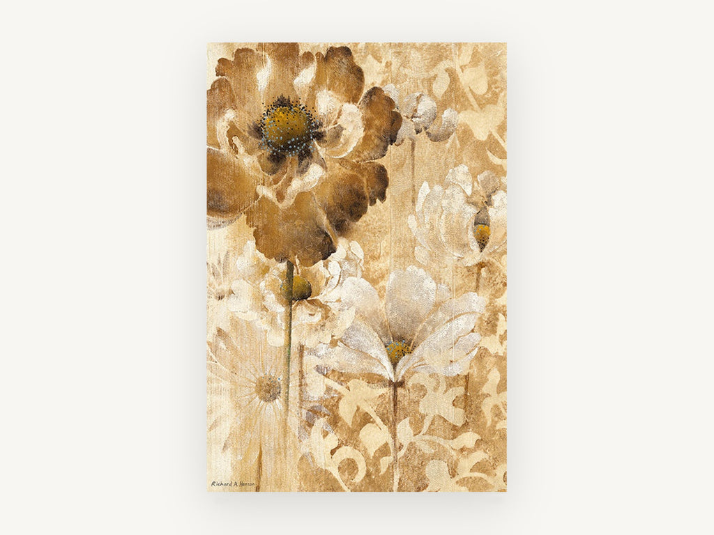 Golden Poppy Damask, floral canvas wall art print, front view