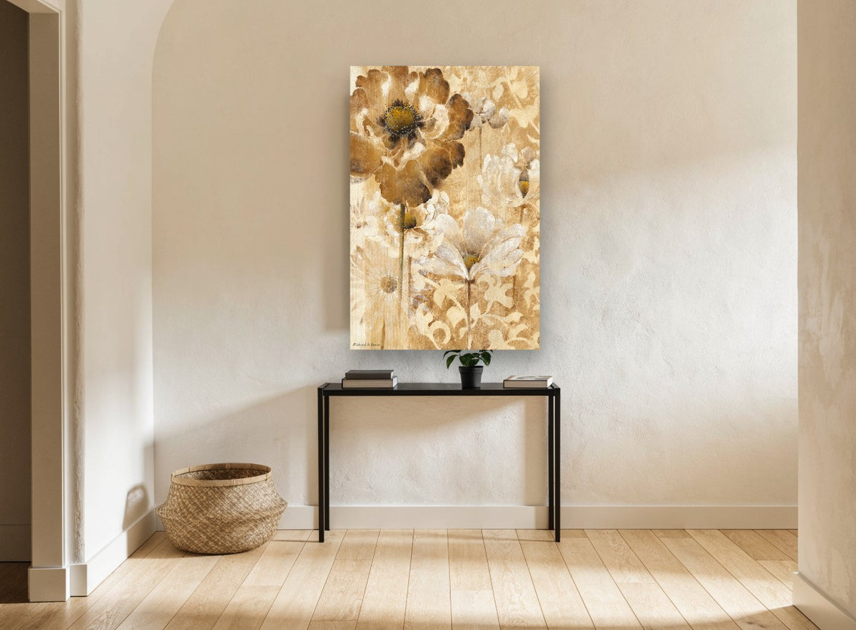 Golden Poppy Damask floral canvas print on the wall of a hallway