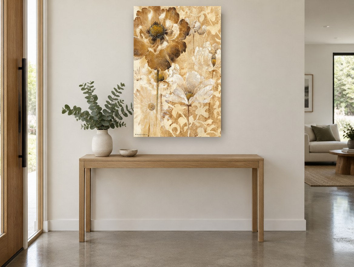 Golden Poppy Damask floral canvas print on the wall of a entry hall