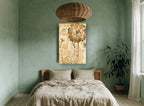 Sepia Peony Bloom floral canvas print on the wall of a bedroom