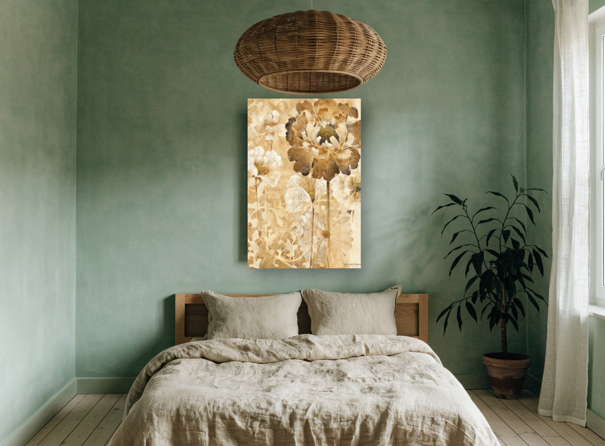 Sepia Peony Bloom floral canvas print on the wall of a bedroom