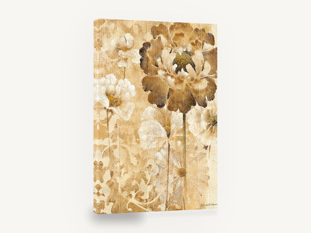 Sepia Peony Bloom, sepia peony floral damask pattern, floral canvas wall art print ready to hang