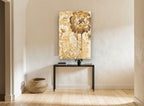 Sepia Peony Bloom floral canvas print on the wall of a hallway