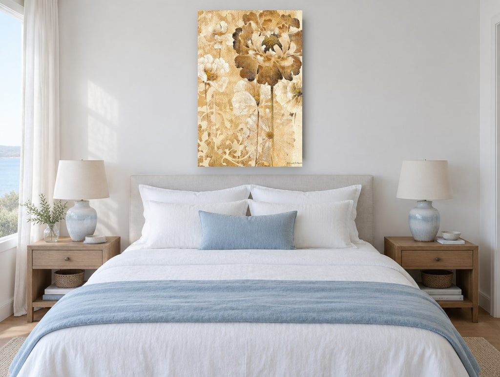 Sepia Peony Bloom floral canvas print on the wall of a coastal bedroom