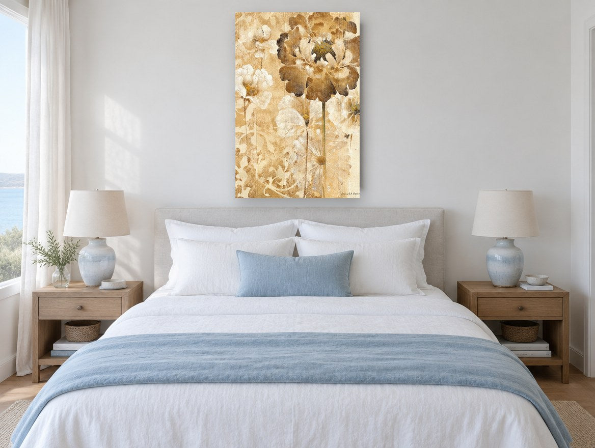 Sepia Peony Bloom floral canvas print on the wall of a coastal bedroom