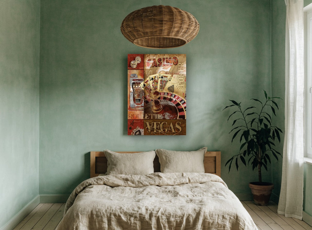 Vegas Casino Collage vintage canvas print on the wall of a bedroom