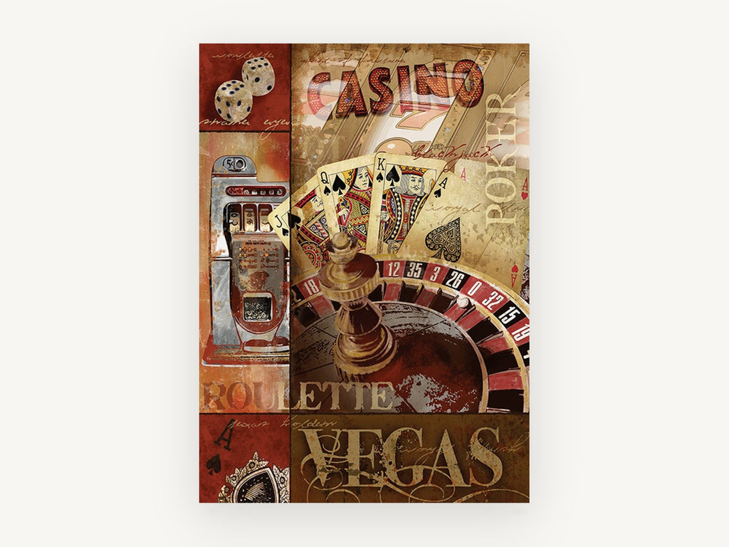Vegas Casino Collage, vintage canvas wall art print, front view