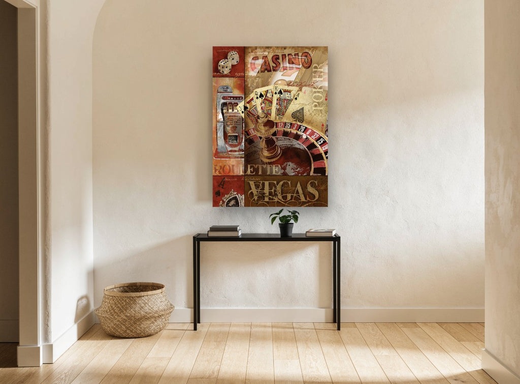 Vegas Casino Collage vintage canvas print on the wall of a hallway