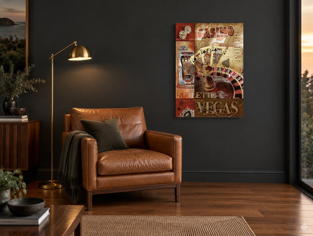 Vegas Casino Collage vintage canvas print on the wall of a charcoal living room