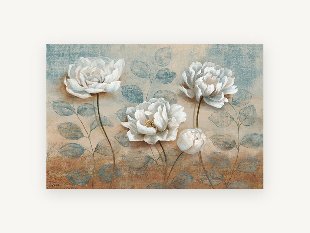 White Peonies on Teal, floral canvas wall art print, front view