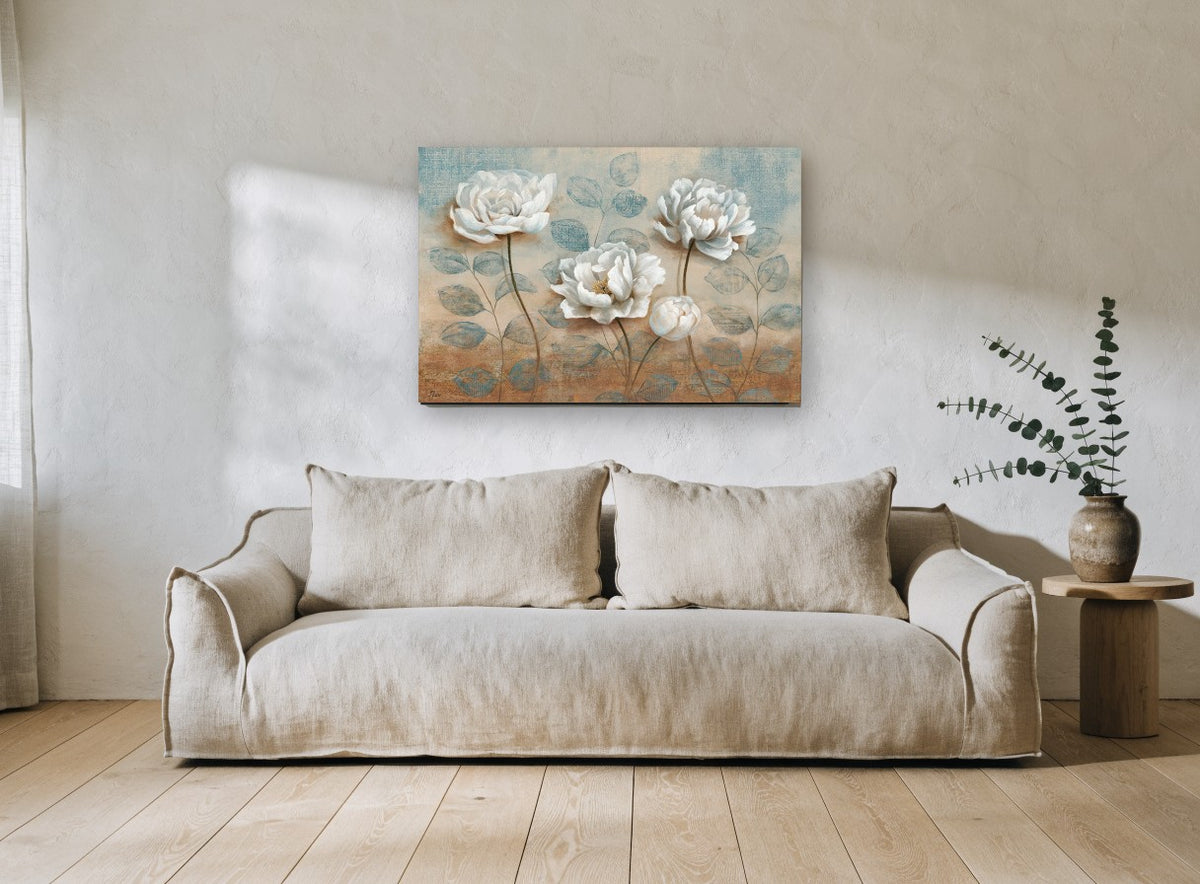 White Peonies on Teal floral canvas print on the wall of a living room