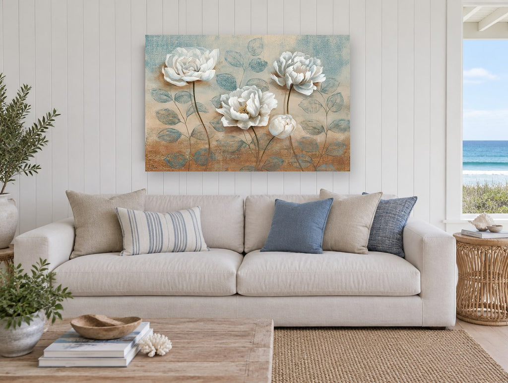 White Peonies on Teal floral canvas print on the wall of a beach house living room