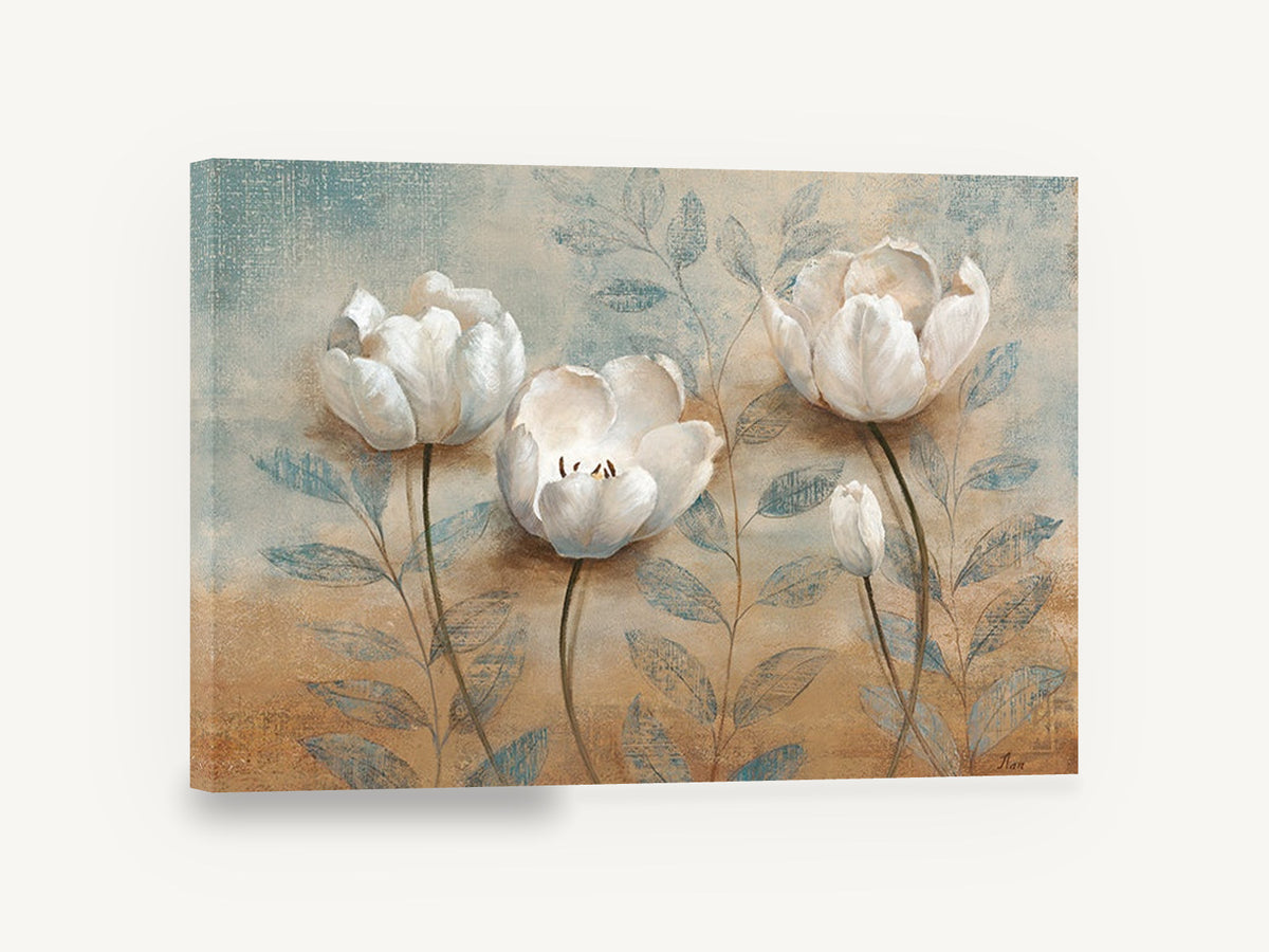 White Blooms on Teal, white tulip flowers teal botanical painting, floral canvas wall art print ready to hang