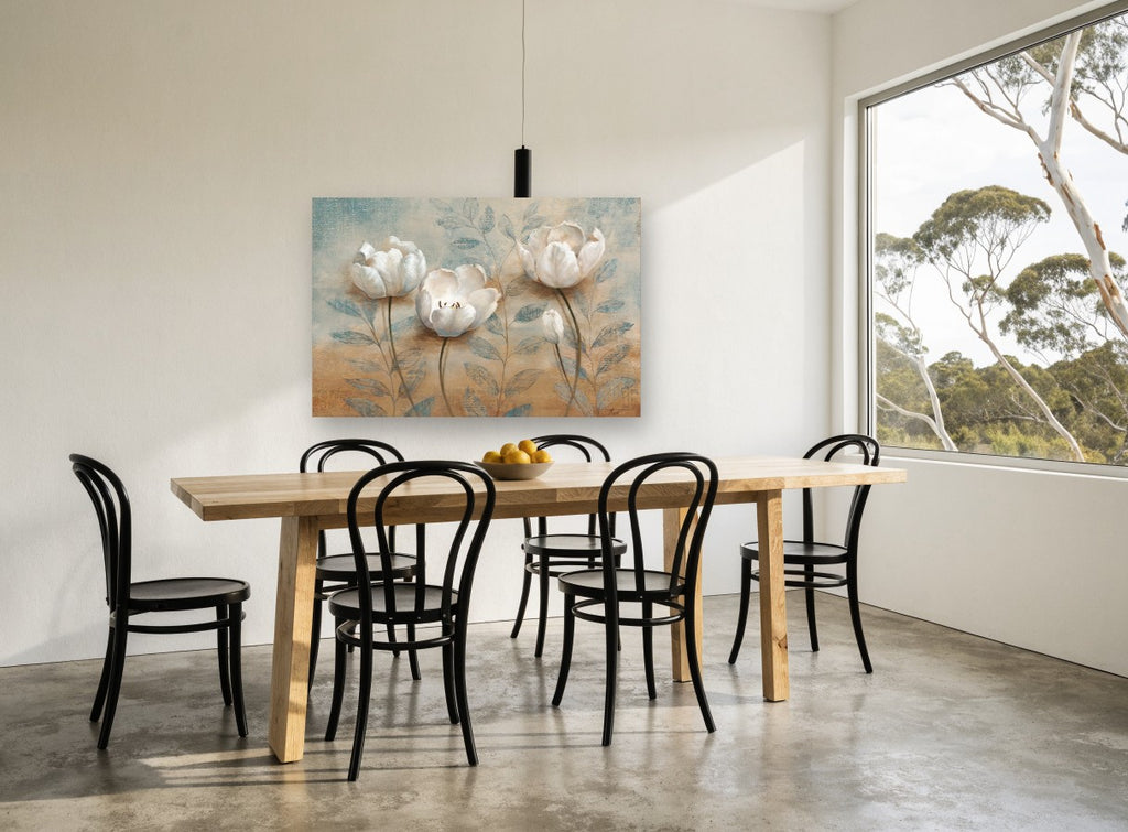 White Blooms on Teal floral canvas print on the wall of a dining room