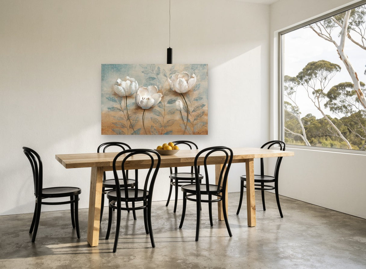 White Blooms on Teal floral canvas print on the wall of a dining room