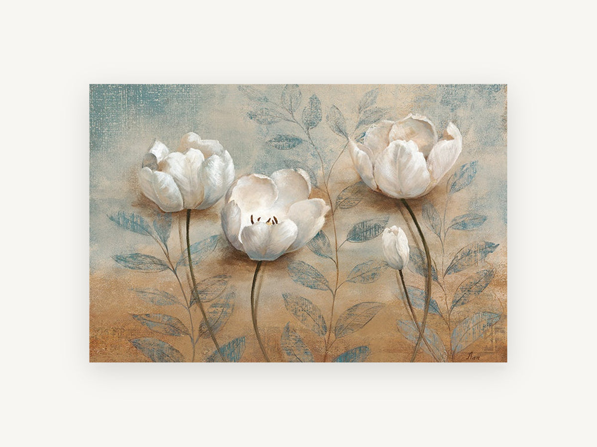 White Blooms on Teal, floral canvas wall art print, front view