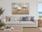White Blooms on Teal floral canvas print on the wall of a beach house living room