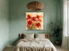 Red Blooms in Mist floral canvas print on the wall of a bedroom