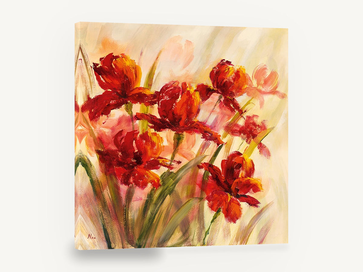 Red Blooms in Mist, red tulip flowers expressive floral painting, floral canvas wall art print ready to hang