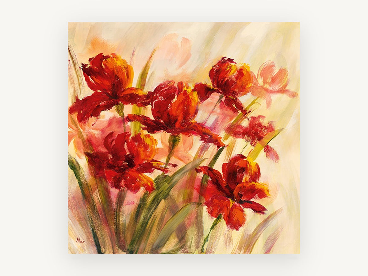 Red Blooms in Mist, floral canvas wall art print, front view