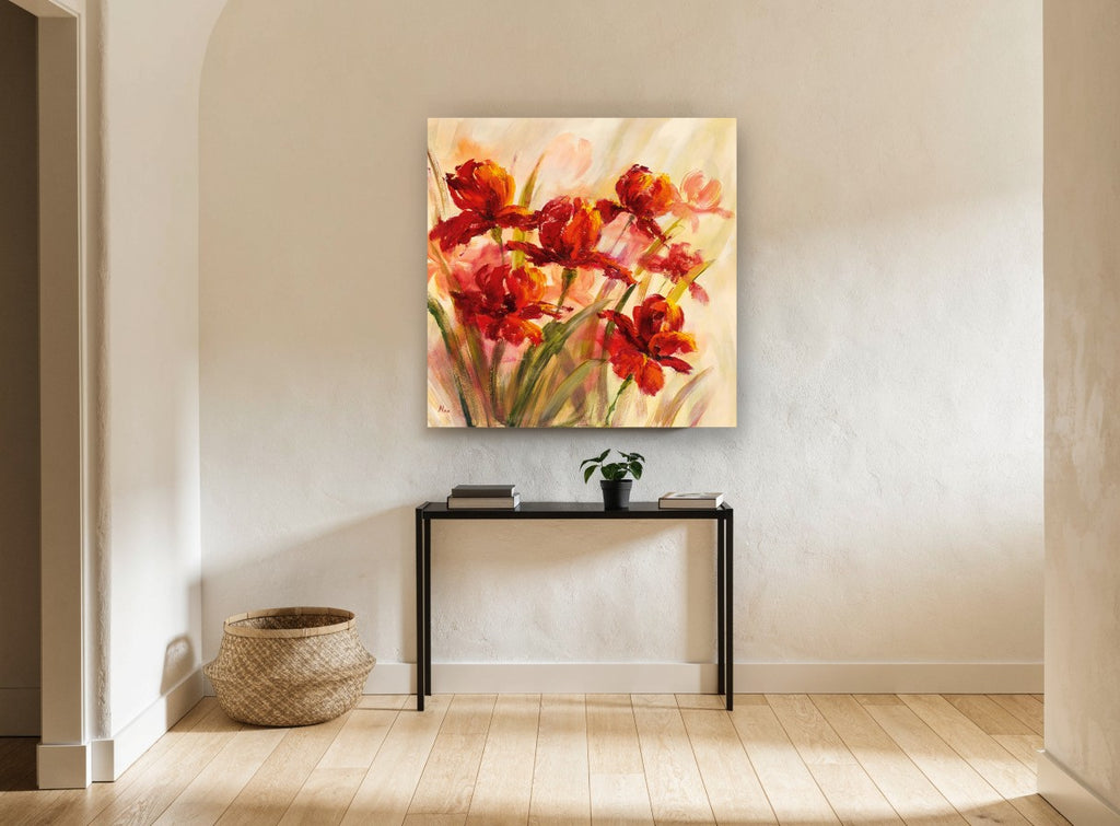 Red Blooms in Mist floral canvas print on the wall of a hallway
