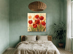 Scarlet Tulips in Mist floral canvas print on the wall of a bedroom