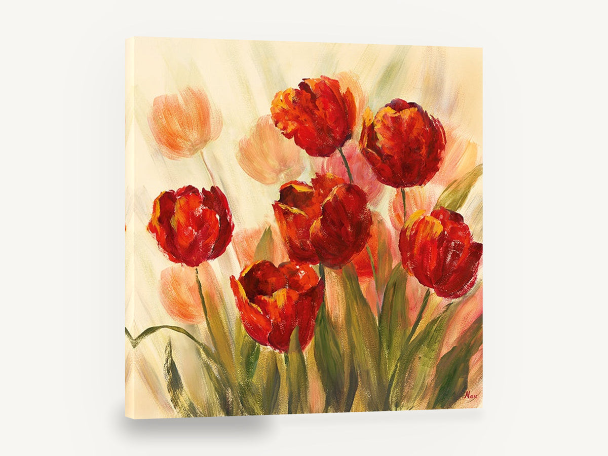 Scarlet Tulips in Mist, red tulips floral painting cream, floral canvas wall art print ready to hang
