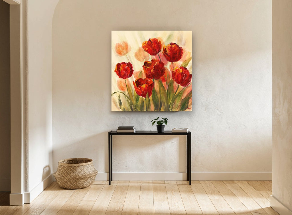 Scarlet Tulips in Mist floral canvas print on the wall of a hallway