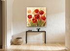 Scarlet Tulips in Mist floral canvas print on the wall of a hallway