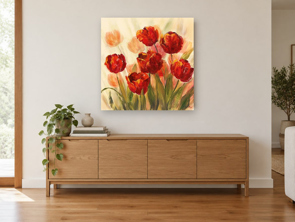 Scarlet Tulips in Mist floral canvas print on the wall of a living room above a sideboard