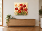 Scarlet Tulips in Mist floral canvas print on the wall of a living room above a sideboard