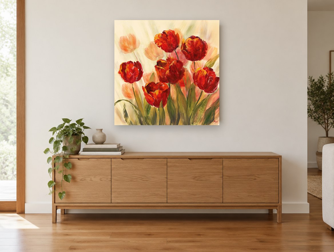 Scarlet Tulips in Mist floral canvas print on the wall of a living room above a sideboard
