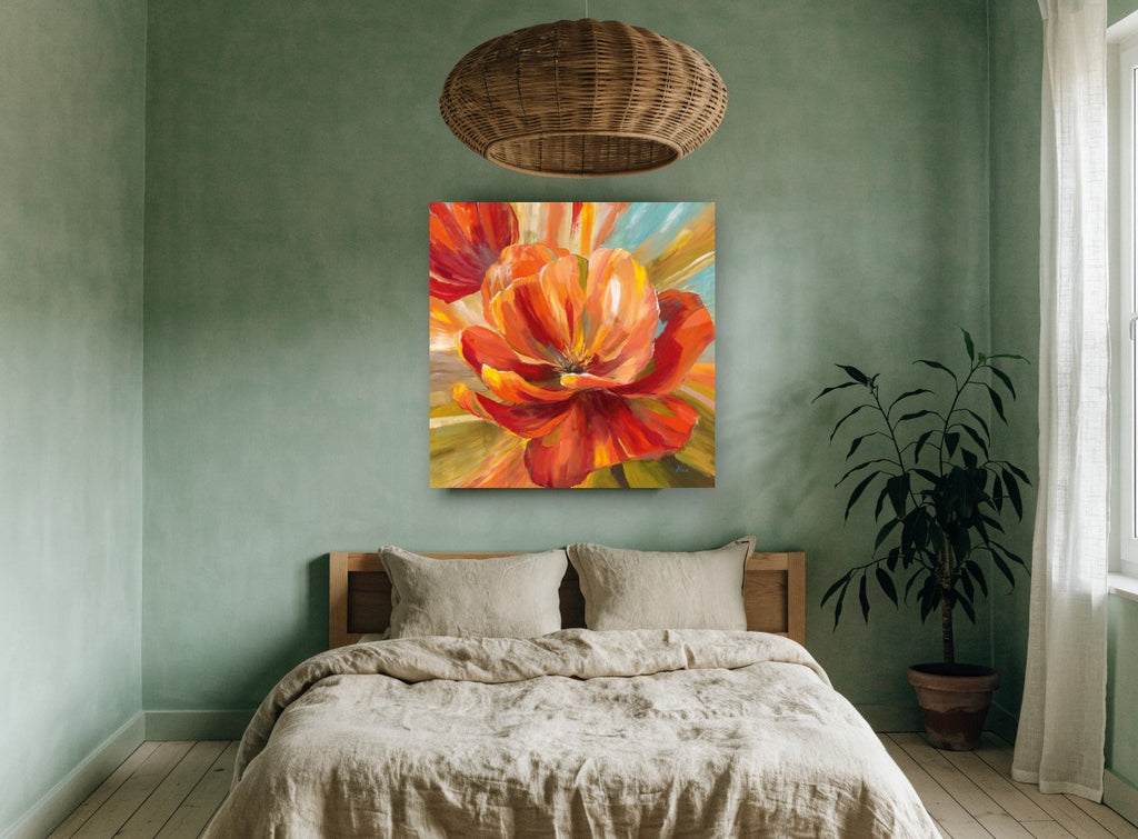 Blazing Open Poppy floral canvas print on the wall of a bedroom