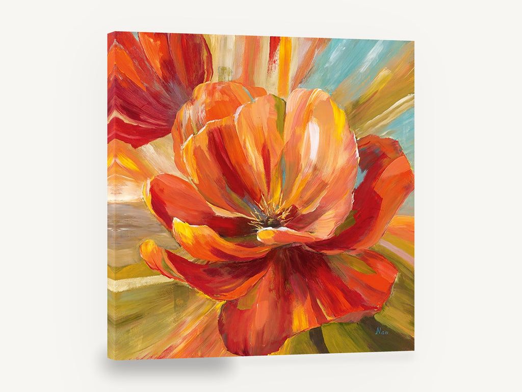 Blazing Open Poppy, red orange poppy floral painting style, floral canvas wall art print ready to hang