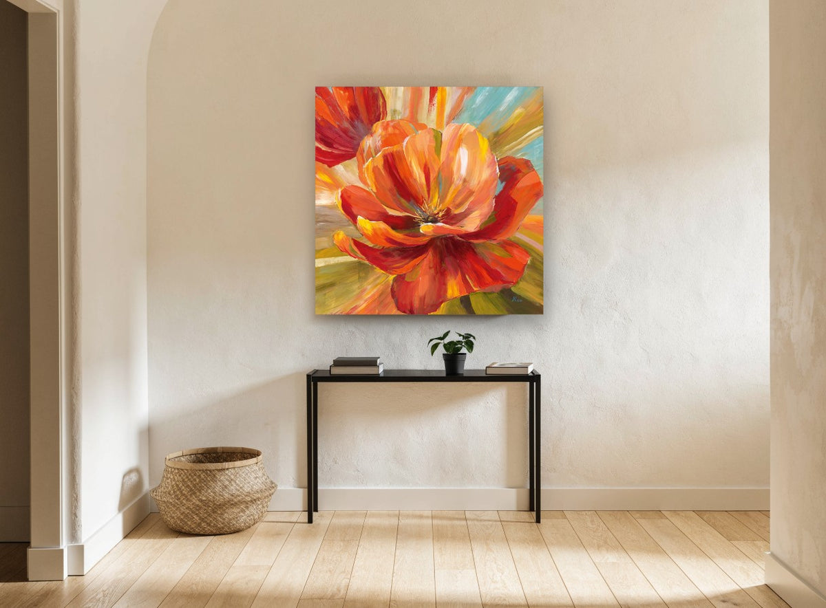 Blazing Open Poppy floral canvas print on the wall of a hallway