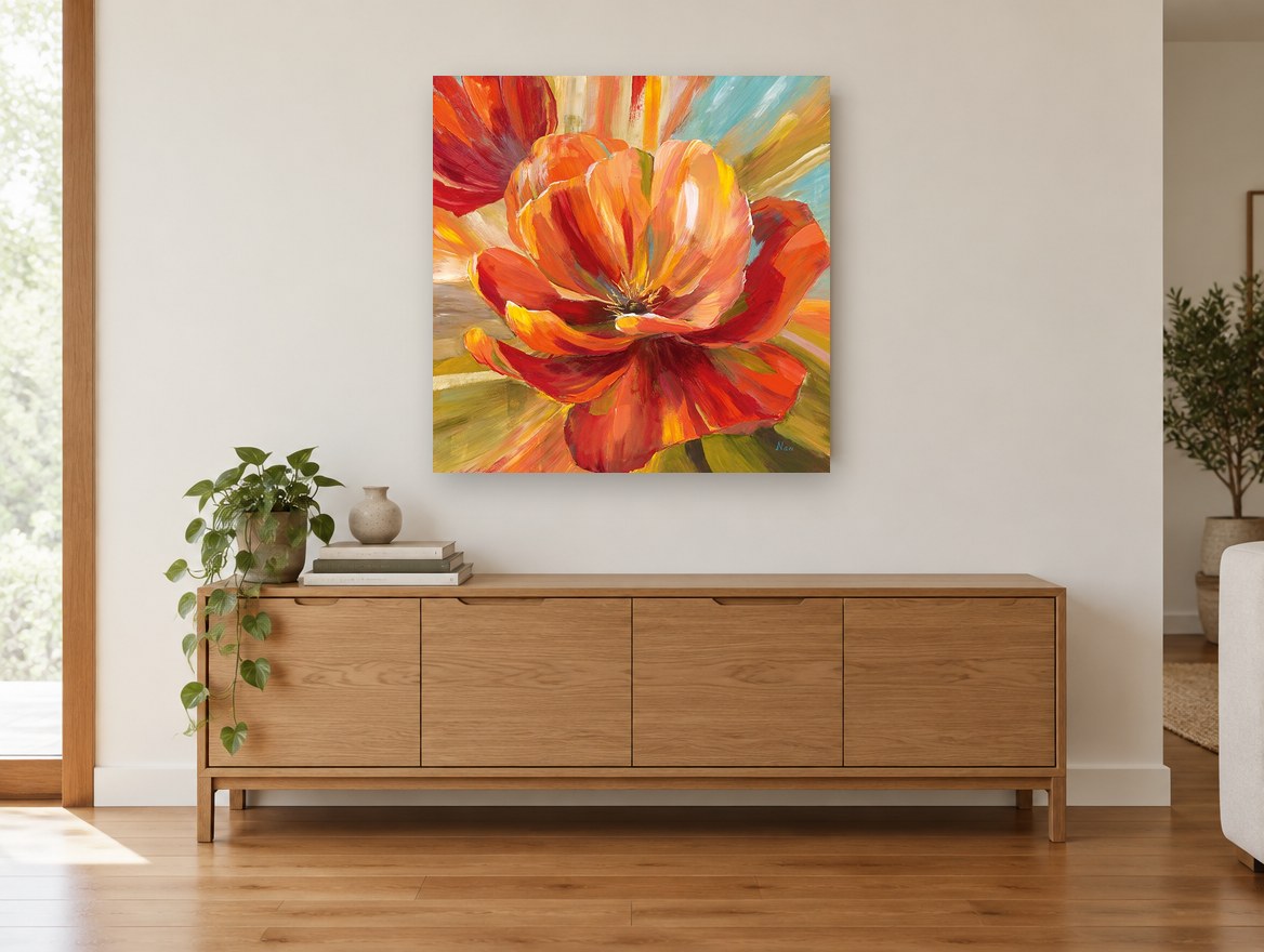 Blazing Open Poppy floral canvas print on the wall of a living room above a sideboard