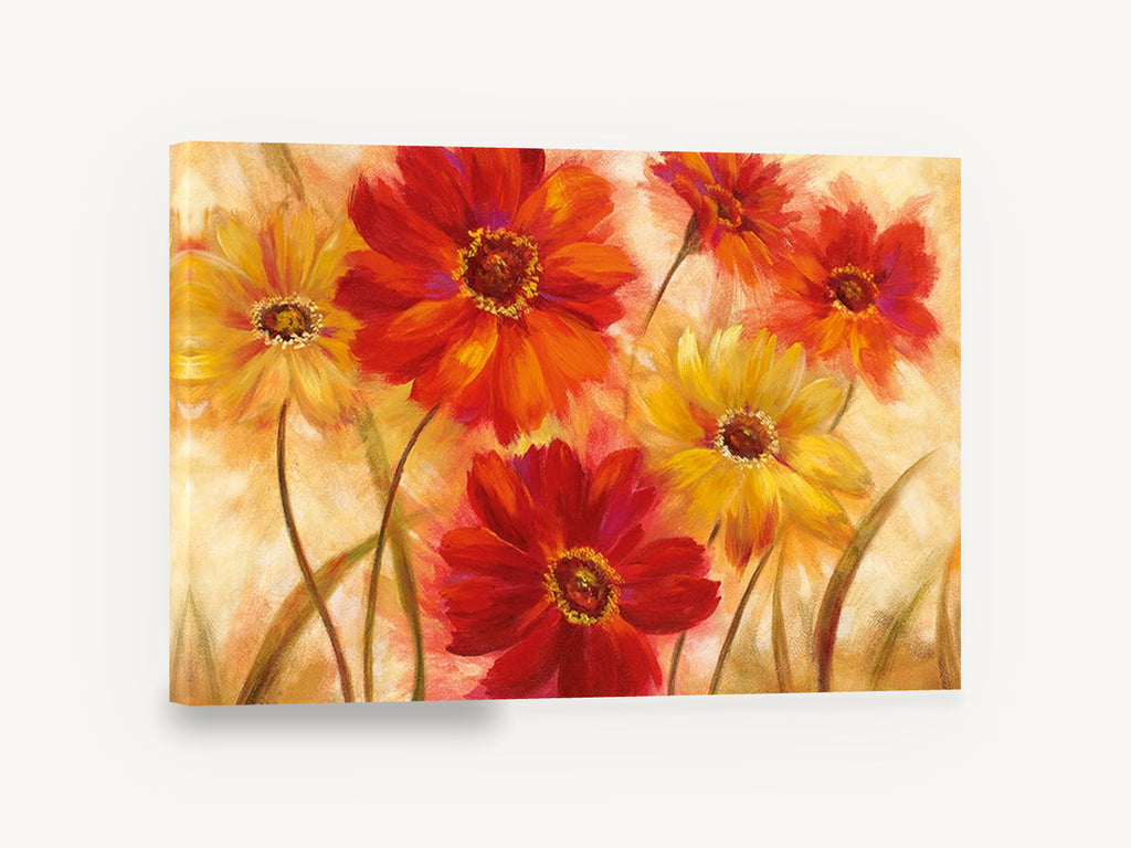 Red and Gold Blooms, red orange yellow daisy flowers painting, floral canvas wall art print ready to hang