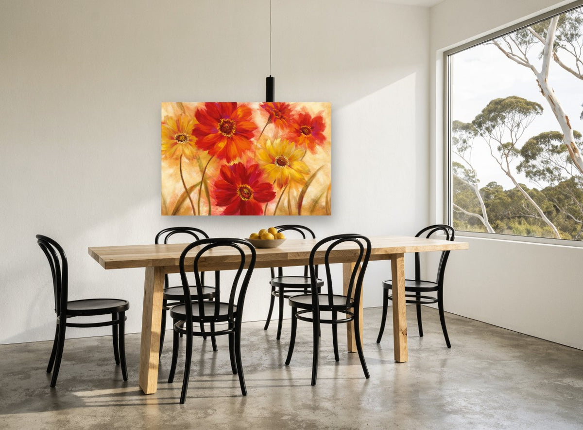 Red and Gold Blooms floral canvas print on the wall of a dining room