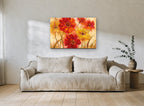Red and Gold Blooms floral canvas print on the wall of a living room