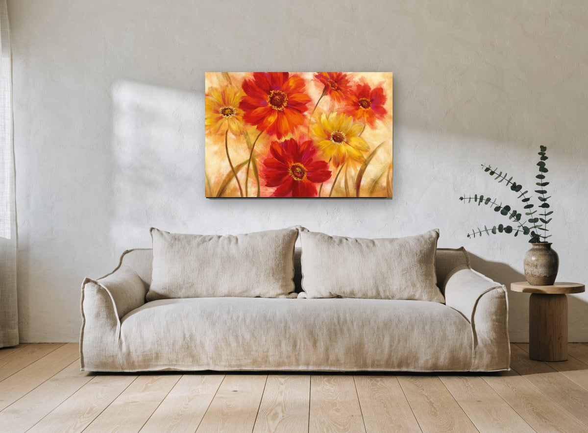 Red and Gold Blooms floral canvas print on the wall of a living room
