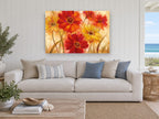 Red and Gold Blooms floral canvas print on the wall of a beach house living room