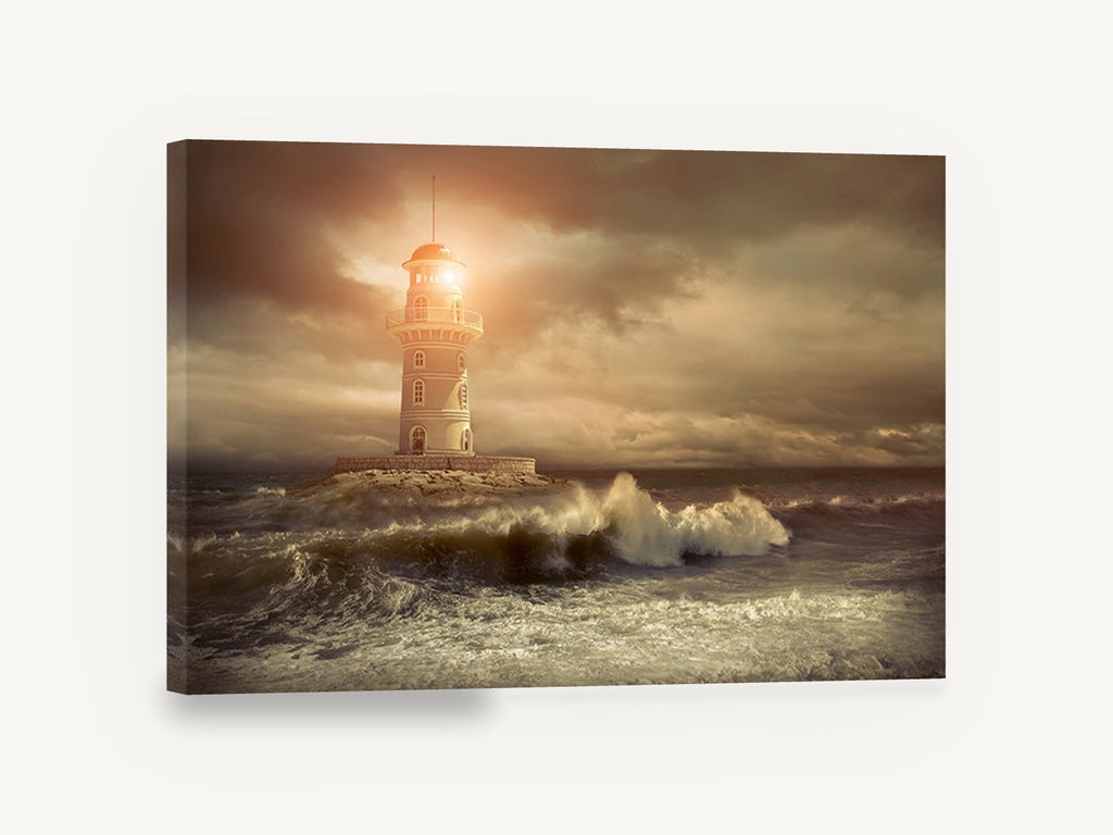 Storm Beacon at Dusk, lighthouse stormy sea sunset photograph, coastal canvas wall art print ready to hang