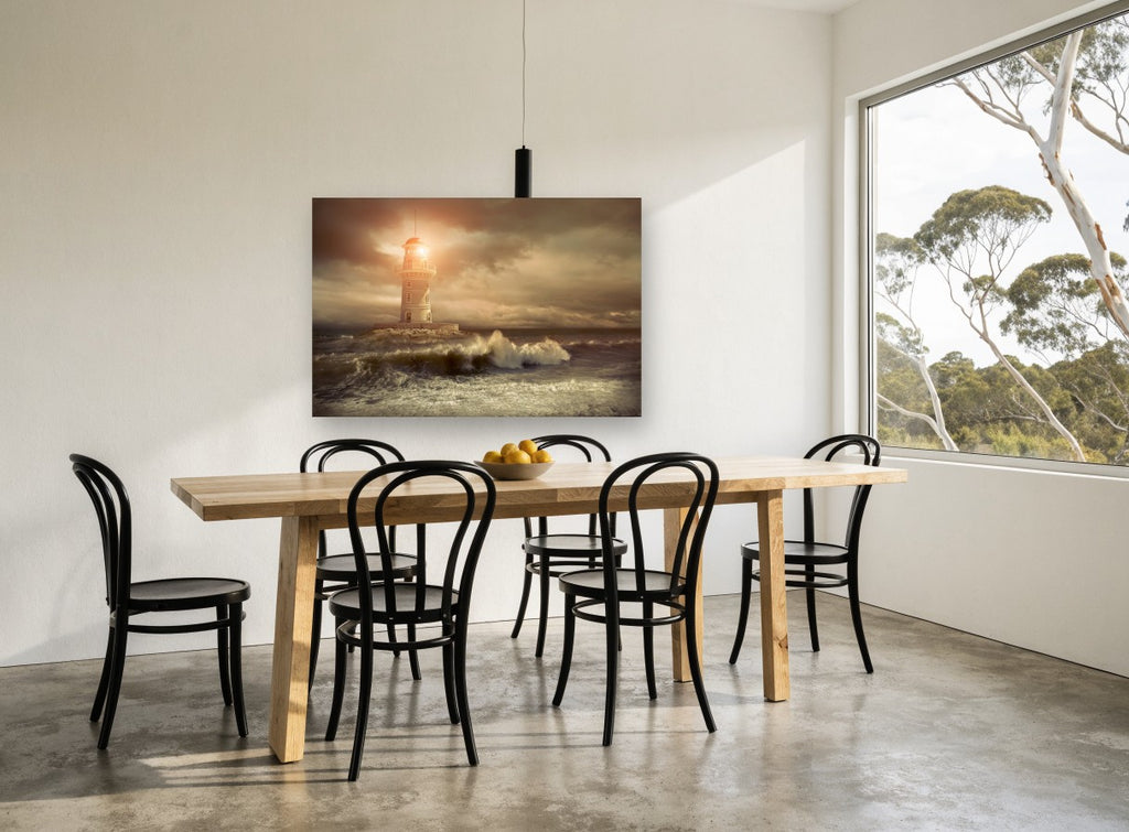 Storm Beacon at Dusk coastal canvas print on the wall of a dining room