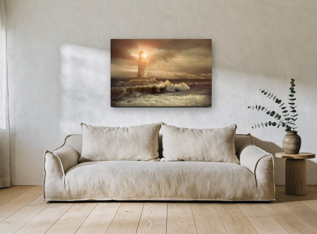Storm Beacon at Dusk coastal canvas print on the wall of a living room
