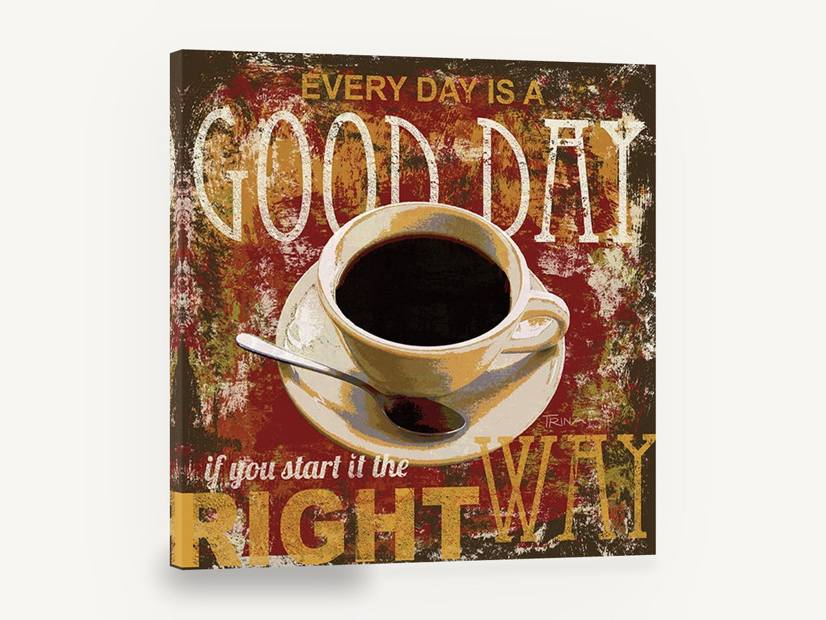 Good Day Coffee, retro coffee cup typography, stretched canvas wall art print ready to hang