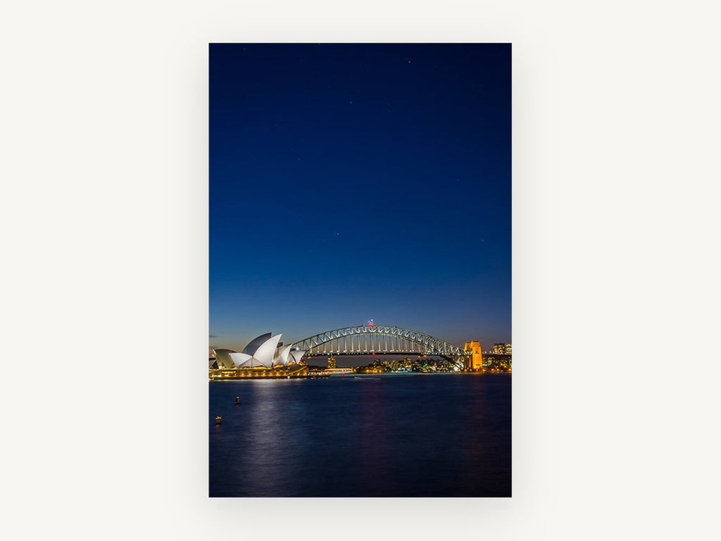 Sydney Harbour Blue Hour, coastal canvas wall art print, front view