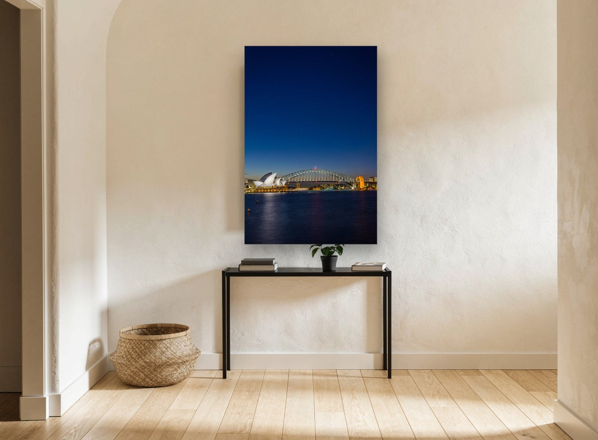 Sydney Harbour Blue Hour coastal canvas print on the wall of a hallway