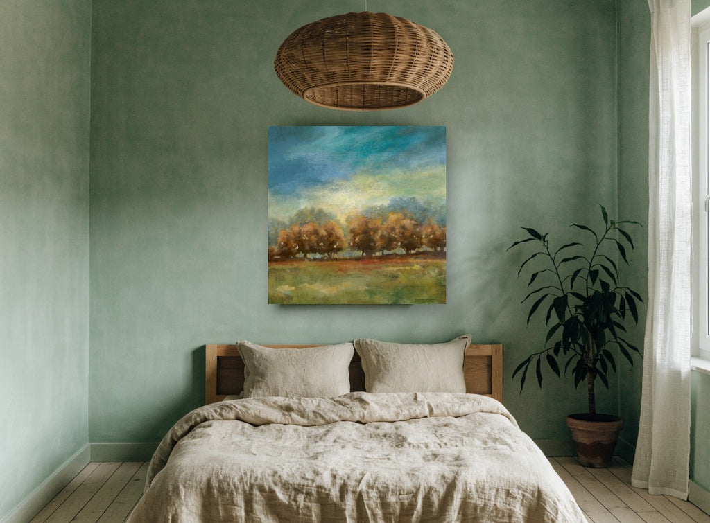 Amber Grove Clearing landscape canvas print on the wall of a bedroom