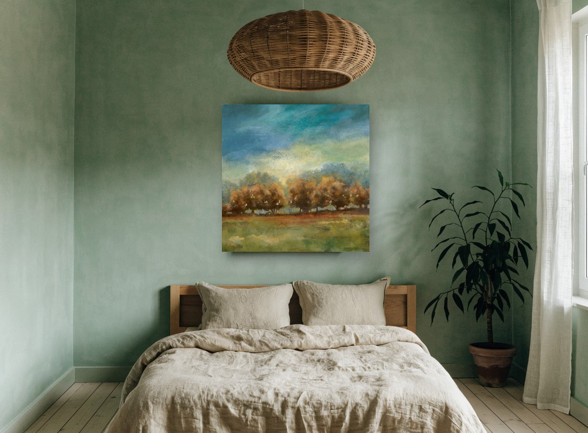 Amber Grove Clearing landscape canvas print on the wall of a bedroom