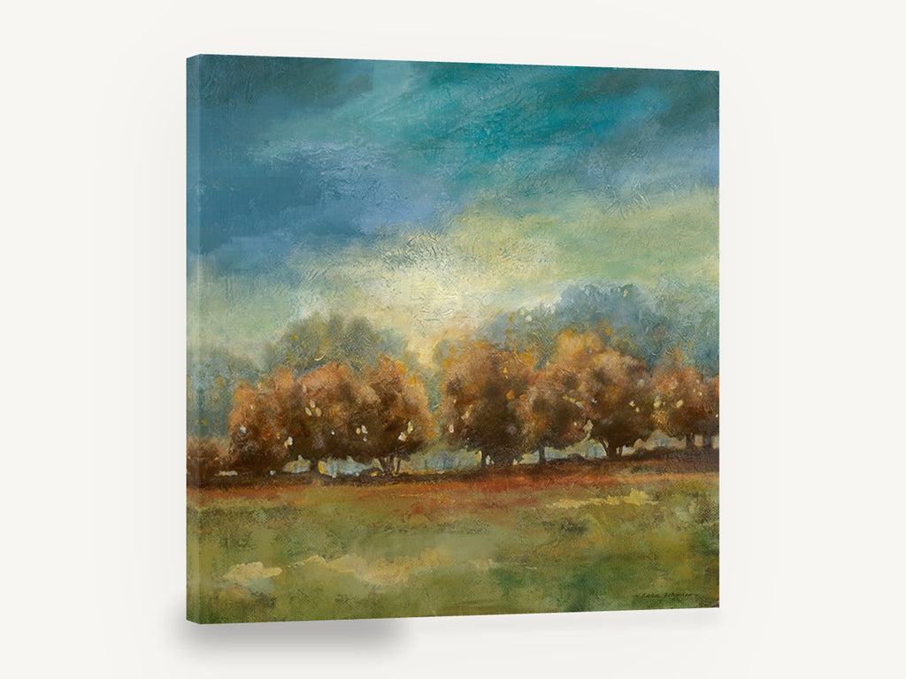 Amber Grove Clearing, autumn trees under stormy sky, landscape canvas wall art print ready to hang